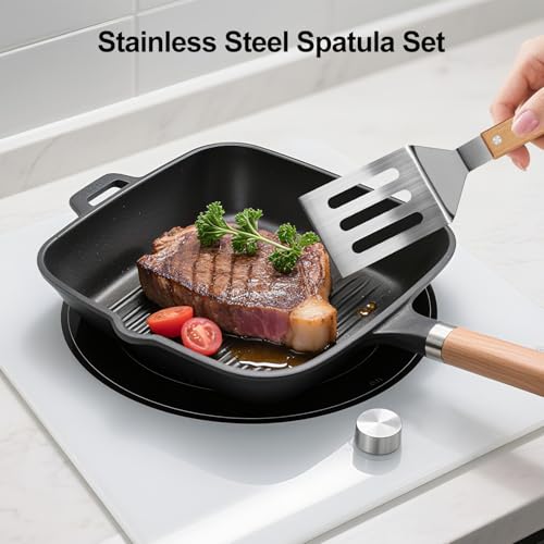 Stainless Steel Spatula Set - 2 Metal Spatulas with Wooden Handle for Cooking