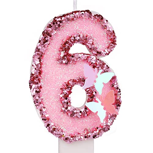 Pink Glitter Number 6 Birthday Candle with Butterfly and Sequins Cake Topper