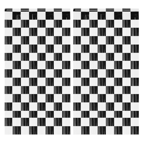 2PCS Racing Foil Fringe Curtains | 3.28x6.56 Ft Black & White Checkered Backdrop
