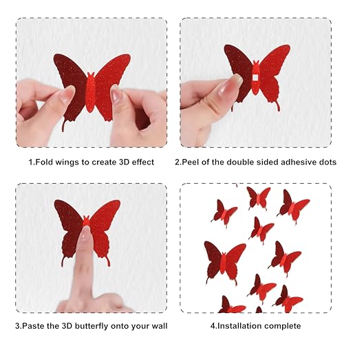 Seyal Glitter 3D Butterfly Wall Stickers Red Sparkle Decor 36 Pcs