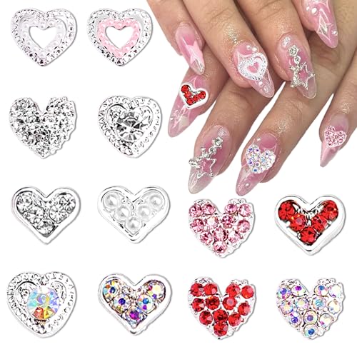 3D Heart Nail Charms Rhinestones Silver Alloy Crystal Gems 12Pcs