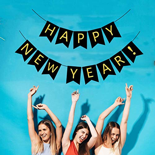 Happy New Year Banner - Black & Gold Party Decoration