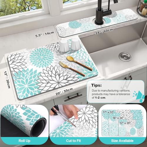 Findosom Dish Drying Mat and Sink Splash Guard Set - 12" x 20", Teal Floral