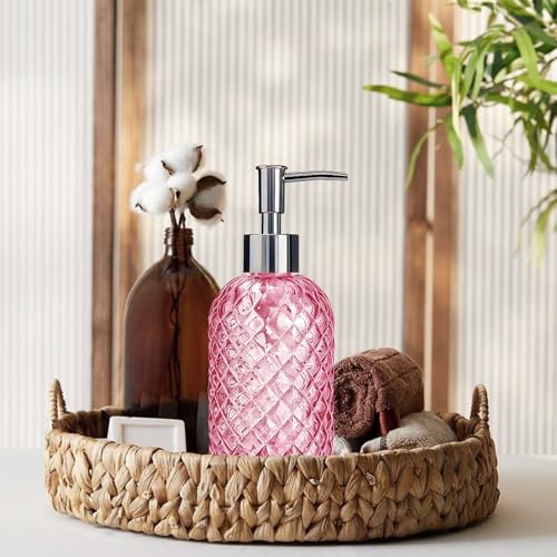 Pink Diamond-Textured Glass Soap Dispenser, 400ml Refillable Lotion Bottle