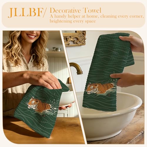 JLLBF Tiger Kitchen Hand Towels - Vintage Japanese Tiger Design, 16x24 Inch, Tiger Lovers Gift, Dark Green, Tiger Variation