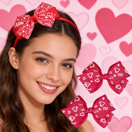 Valentine's Day Bow Headband and Hair Clips Set Red Heart Hair Accessories