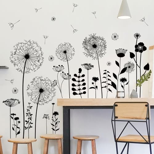 Black Dandelion Wall Decals - Large Floral Vinyl Stickers for Home
