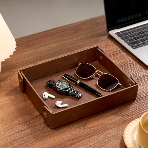Josmimic Valet Tray Organizer, Collapsible Faux Leather Catch All - Brown