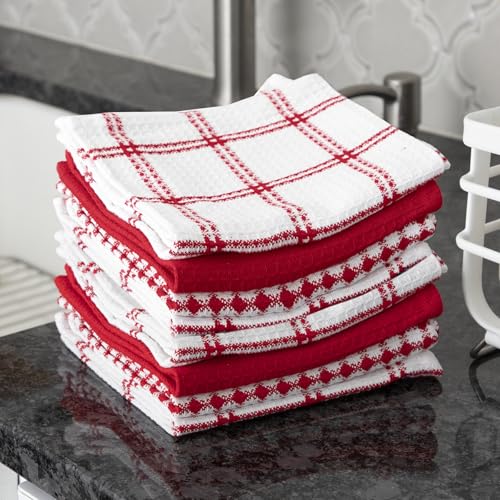 T-Fal Premium Waffle Dish Cloths - 100% Cotton, 8-Pack, Red