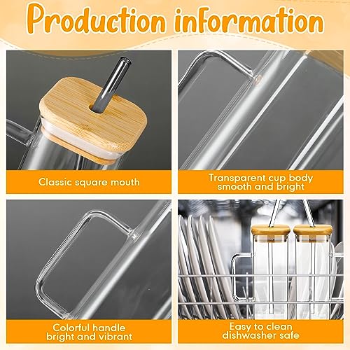 Square Glass Cups with Bamboo Lids & Straws - 16 oz, Set of 6, Clear