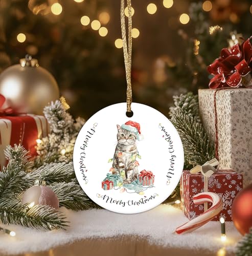 Ceramic Cat Christmas Ornament - Double-Sided Holiday Tree Decor