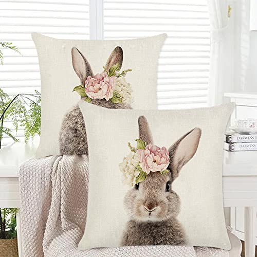 Easter Bunny Throw Pillow Covers 18x18 - Set of 2 Linen Decor