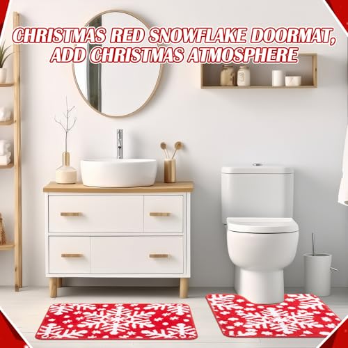Nuanchu Christmas Snowflake Bathroom Rug Set - Red Non-Slip Holiday Bath Mats