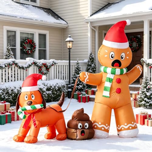 Gingerbread Man Inflatable Yard Decor - Walking Dog with Poop, Christmas LED Outdoor Xmas Holiday