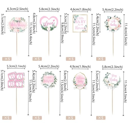 40 Pack Hey Little Girl Baby Shower Cupcake Toppers, Pink Theme Picks