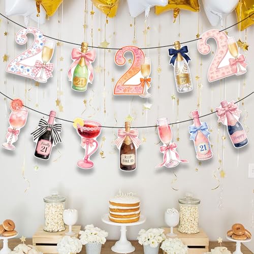 21st Birthday Banner Set - 2Pcs Pink Champagne Decor for Her