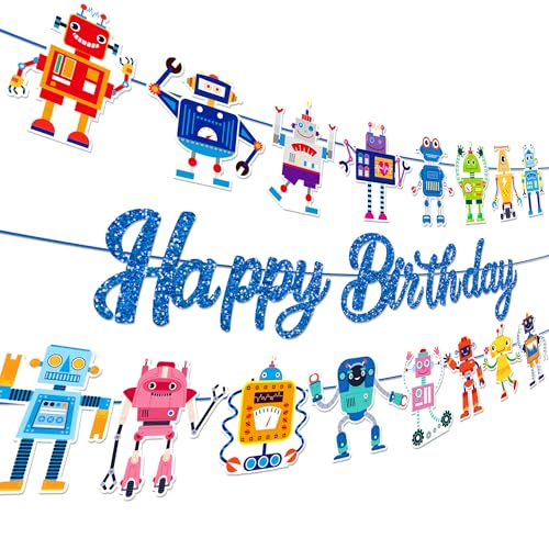 Cartoon Robot Happy Birthday Banner Set - 3Pcs Party Decoration