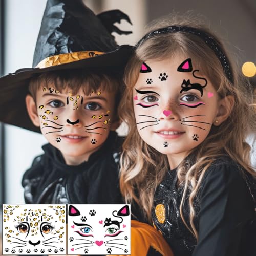 8Pcs Halloween Temporary Tattoos For Kids - Cat & Animal Sticker Designs