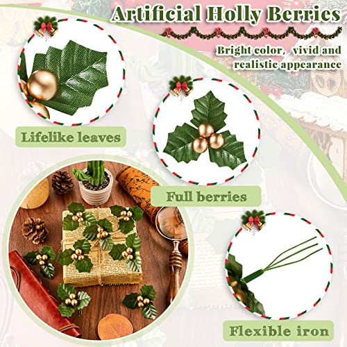 50 Pcs Gold Christmas Holly Berries with Leaves for Crafts Holiday Decor