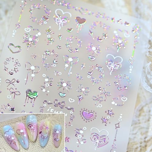 5D Embossed Pink Nail Stickers Self-Adhesive Heart Bow Nail Art Decals