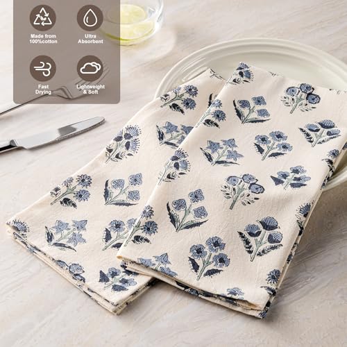 YZJZEDS Dusty Blue Block Print Floral Flour Sack Kitchen Towels Set of 2
