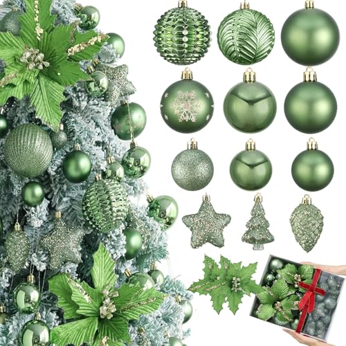 48-Pack Green Shatterproof Christmas Ornaments Set with Glitter and Holiday Decorations