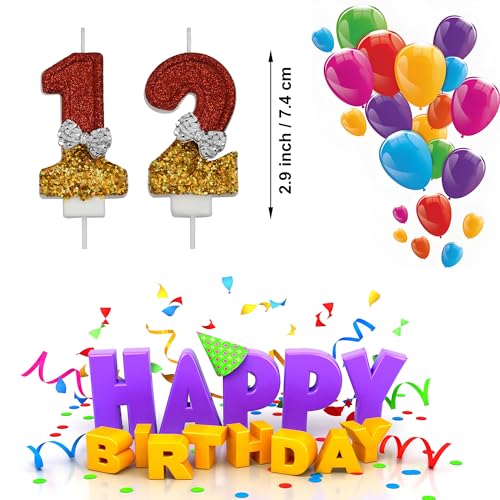 12th Birthday Candles Set - Smokeless Red & Gold Glitter Cake Toppers