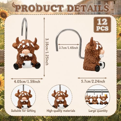 Highland Cow Shower Curtain Hooks - Rustic Farmhouse Decor (12 Pack)