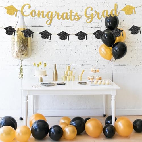2026 Graduation Banner Set - Black & Gold Glitter Decor