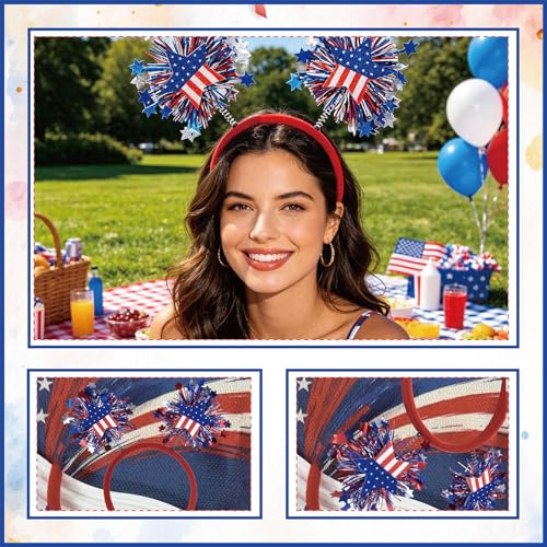 4th of July Patriotic Glitter Star Headband with Red White Blue Tassels