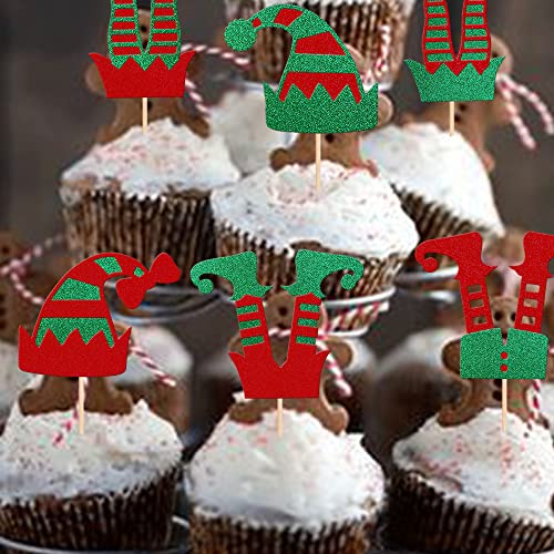 Christmas Elf Cupcake Toppers Glitter Merry Santa Hat Elf Legs Design 18 - 24 Pack