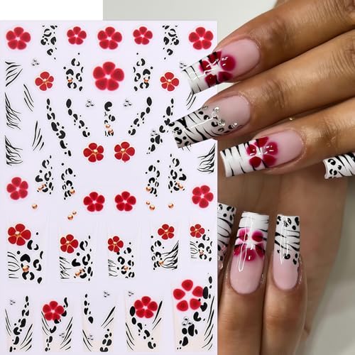 Leopard Print Nail Art Stickers 3D Self-Adhesive French Lines & Hibiscus Flowers