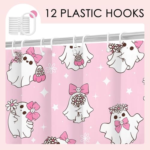 Mocsicka Halloween Pink Ghost Shower Curtain, 71x71 Inch Waterproof Fabric