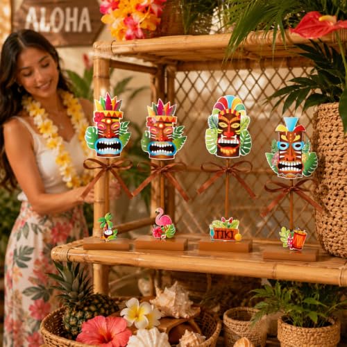 Hawaiian Tiki Wooden Table Decor Set - 4 Tiered Centerpieces