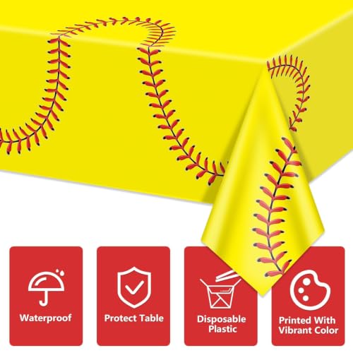 Yellow Softball Disposable Tablecloths, 4 Pack 51x86 in Sports Party Decor