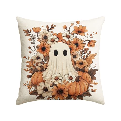 Halloween Ghost Pumpkin Throw Pillow Cover - 18x18 Inch Polyester Cushion