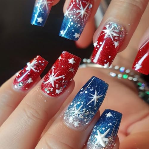 4th of July Press on Nails Medium Square Fake Nails Star Design