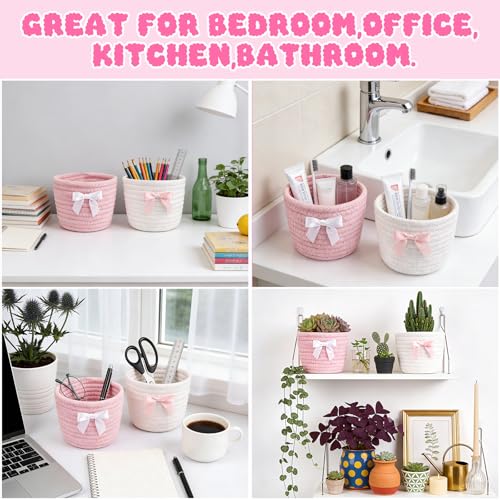 Pink Bow Makeup Brush Holder Set - Woven Cotton Storage Baskets
