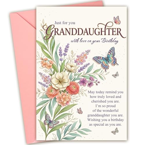 Granddaughter Birthday Card from Grandma & Grandpa - Floral Butterfly Design, 8x5.3 Inches with Envelope & Seal, Heartfelt Gift