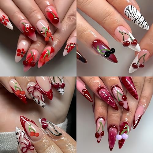 200Pcs 3D Cherry Nail Charms Resin Fruit Flatback Rhinestones for DIY Nail Art