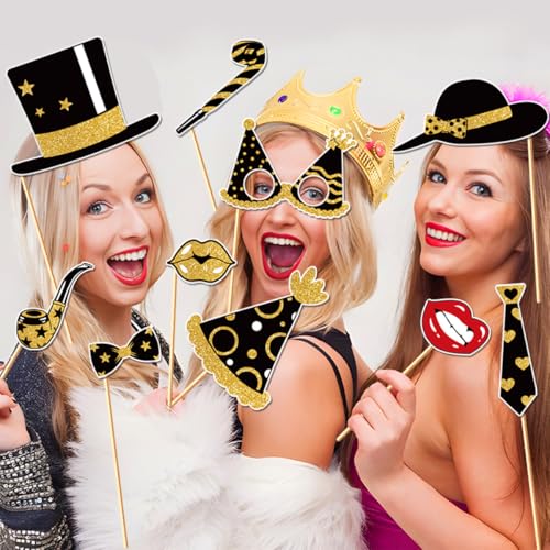 Gold 30Pcs Birthday Photo Booth Props Kit for Party Decorations