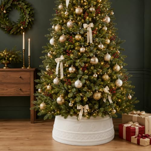 White Cable Knit Christmas Tree Collar 23-28 Inch Farmhouse Decor