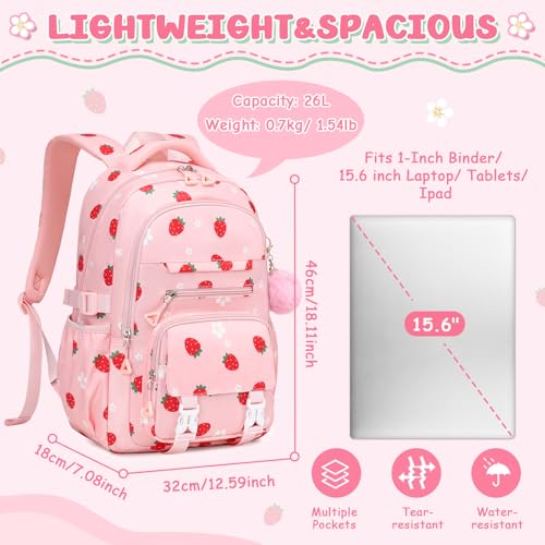 ASKSKY Girls School Backpack - Pink Strawberry Kawaii Bookbag for Teens