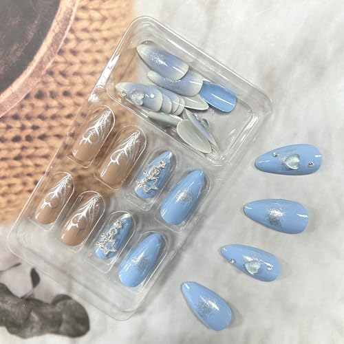 Blue Almond Press On Nails Medium French Rhinestone Heart Fake Nails