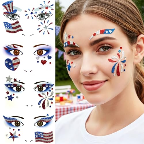 4th of July Face Stickers - USA Patriotic Makeup Decals (4 Sheets)