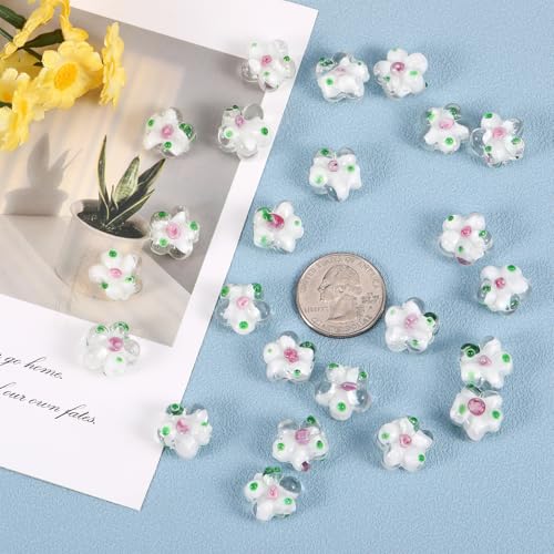 Ornaland White Lampwork Glass Flower Beads for Jewelry Making 28 Pcs