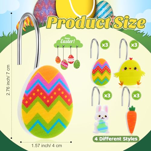 Yungyan 12 Pcs Easter Shower Curtain Hooks - Bunny, Chick & Egg Designs