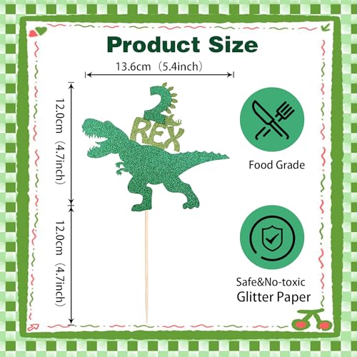 Dinosaur 2nd Birthday Cake Topper - Green Glitter T-Rex Decoration