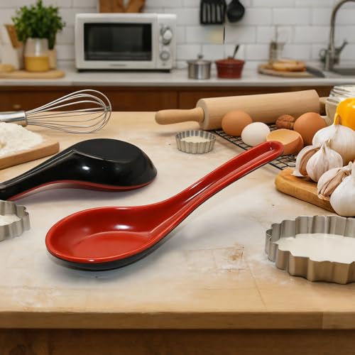 WeiMeet Melamine Soup Spoons - Red and Black Asian Wonton Ramen Spoons, 2 Pcs
