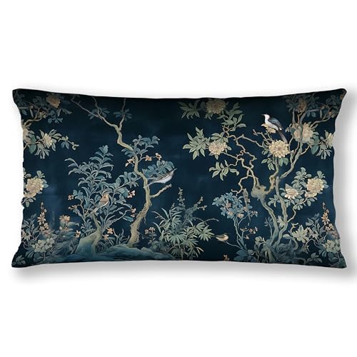 Navy Blue Chinoiserie Floral Bird Flannel Pillow Cover, 12x20 Inch